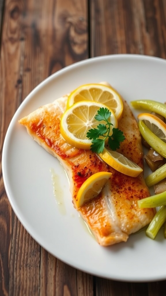 Baked Tilapia with Lemon and Herbs Baked tilapia fillet garnished with lemon and parsley on a plate with vegetables.